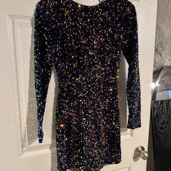Blue Multi Color Sequin Long Sleeve Dress - Picture 3 of 7